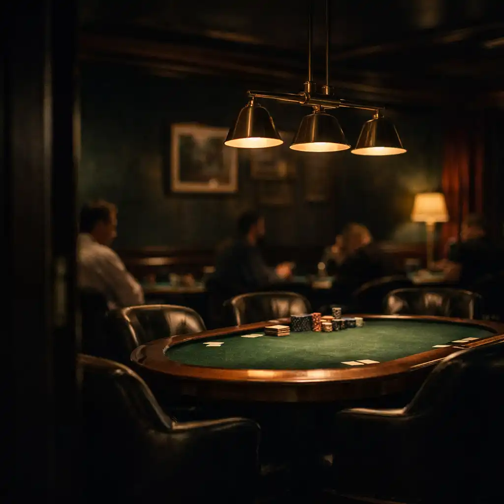 A softly lit felt poker table in Riverand Cinder's dark card room.