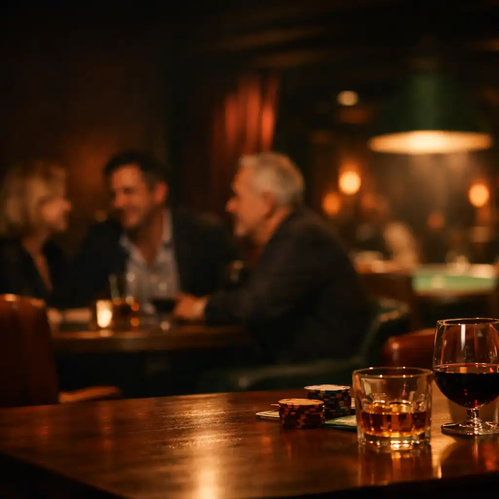 Guests conversing in Riverand Cinder's softly lit lounge with the card room beyond.