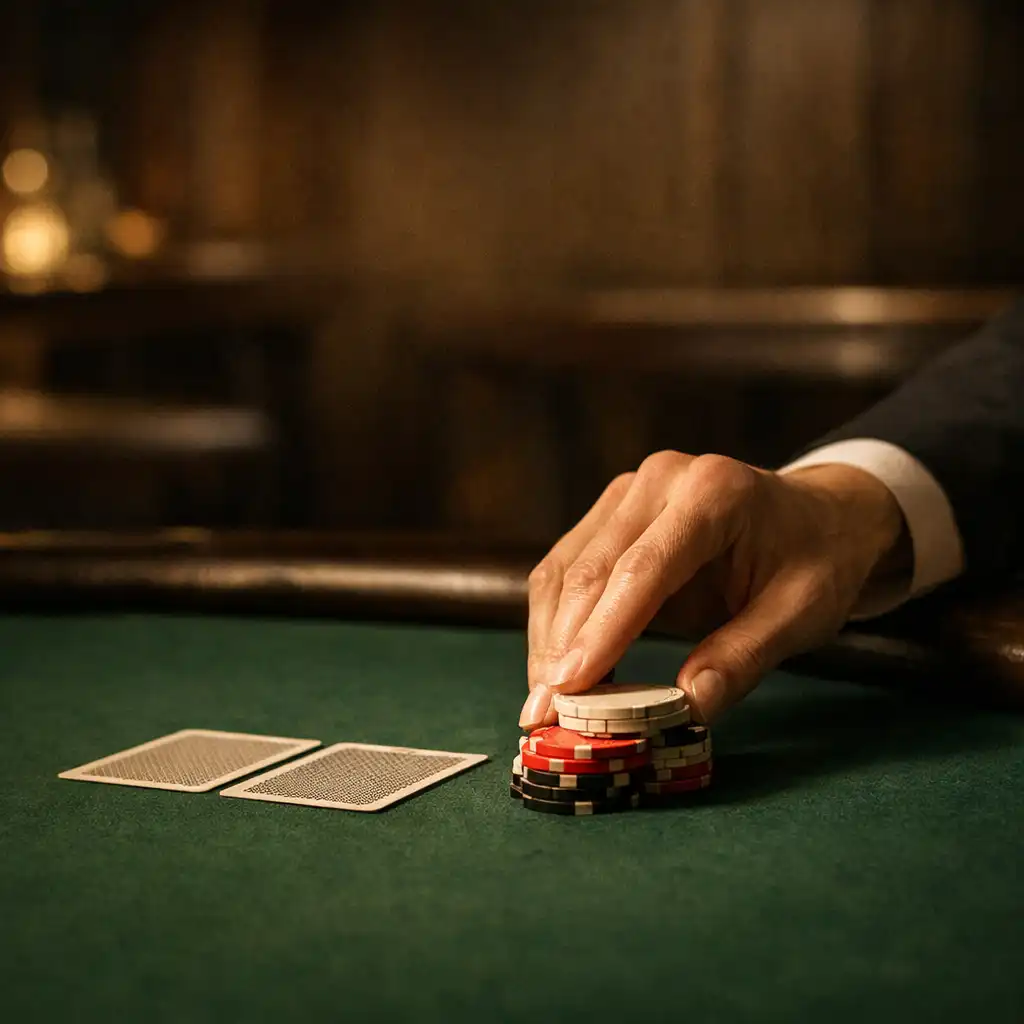 A hand arranging chips and face-down cards on dark green poker felt under warm light.