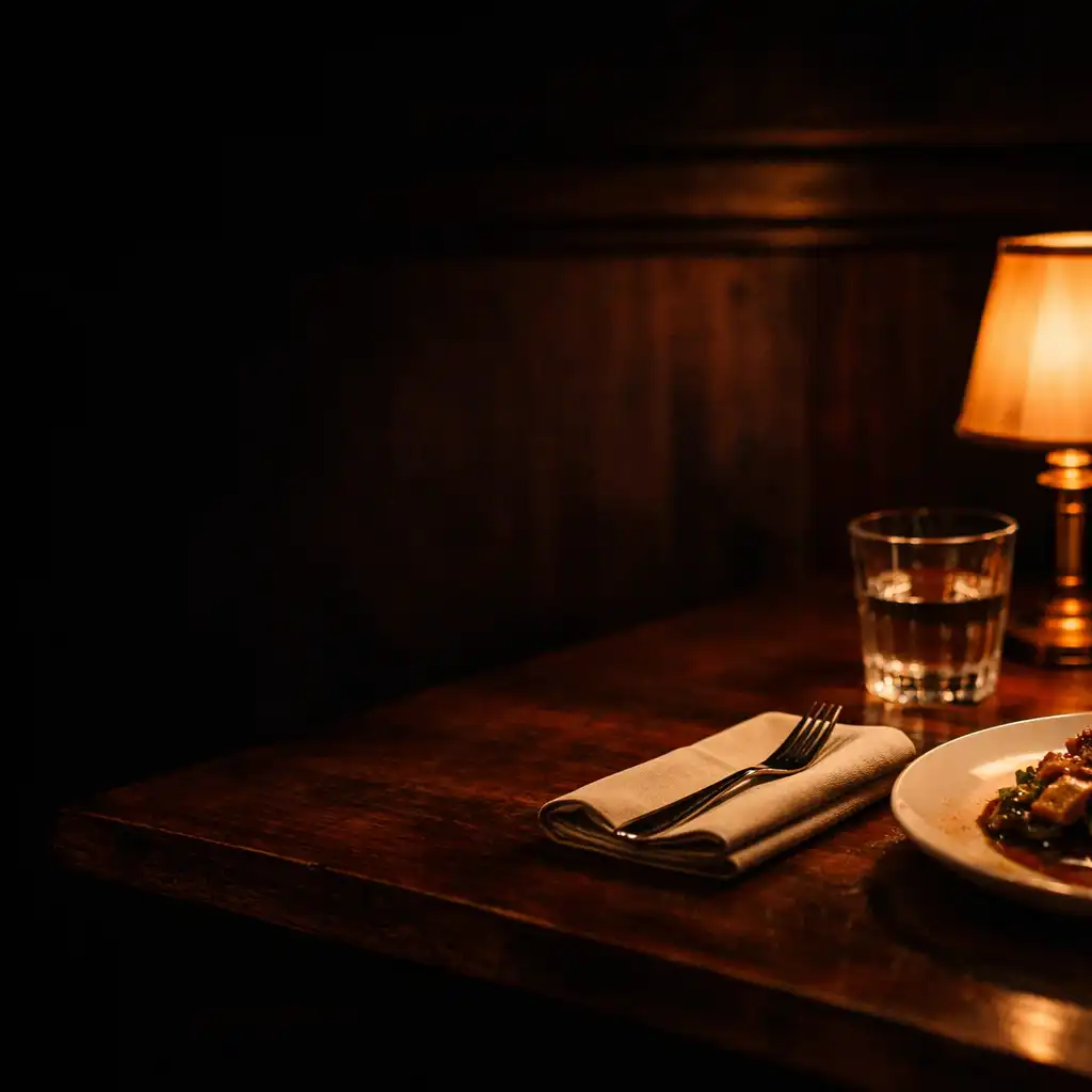 A warmly lit timber restaurant table set for an intimate evening