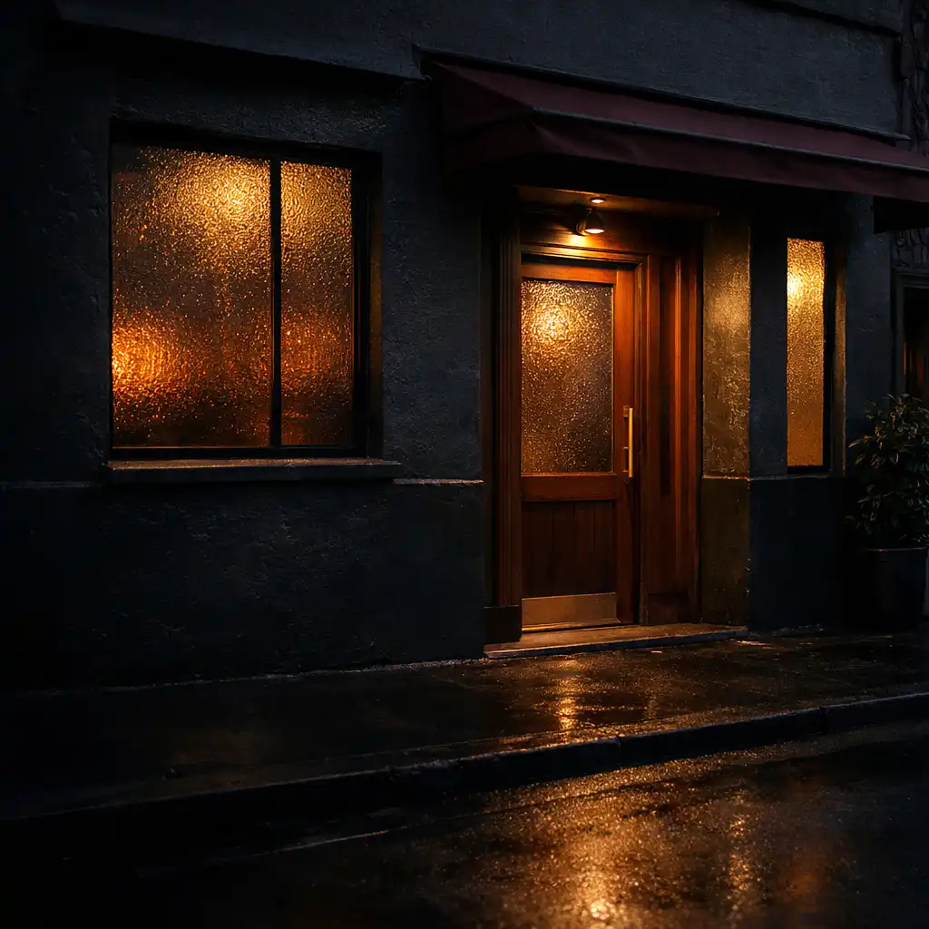 A discreet restaurant entrance at dusk with warm light through textured glass