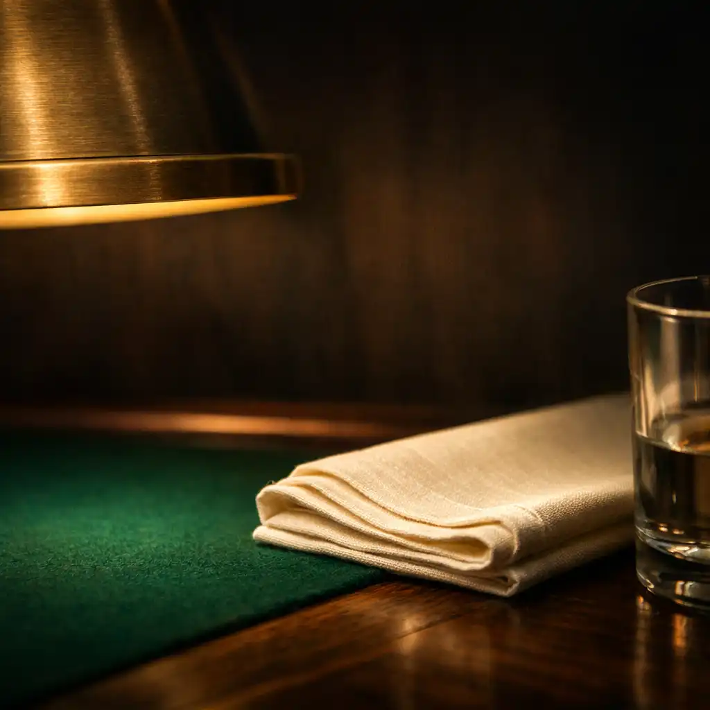 Brass lamp edge casting warm light across emerald felt, dark timber, folded ivory linen and a glass edge.