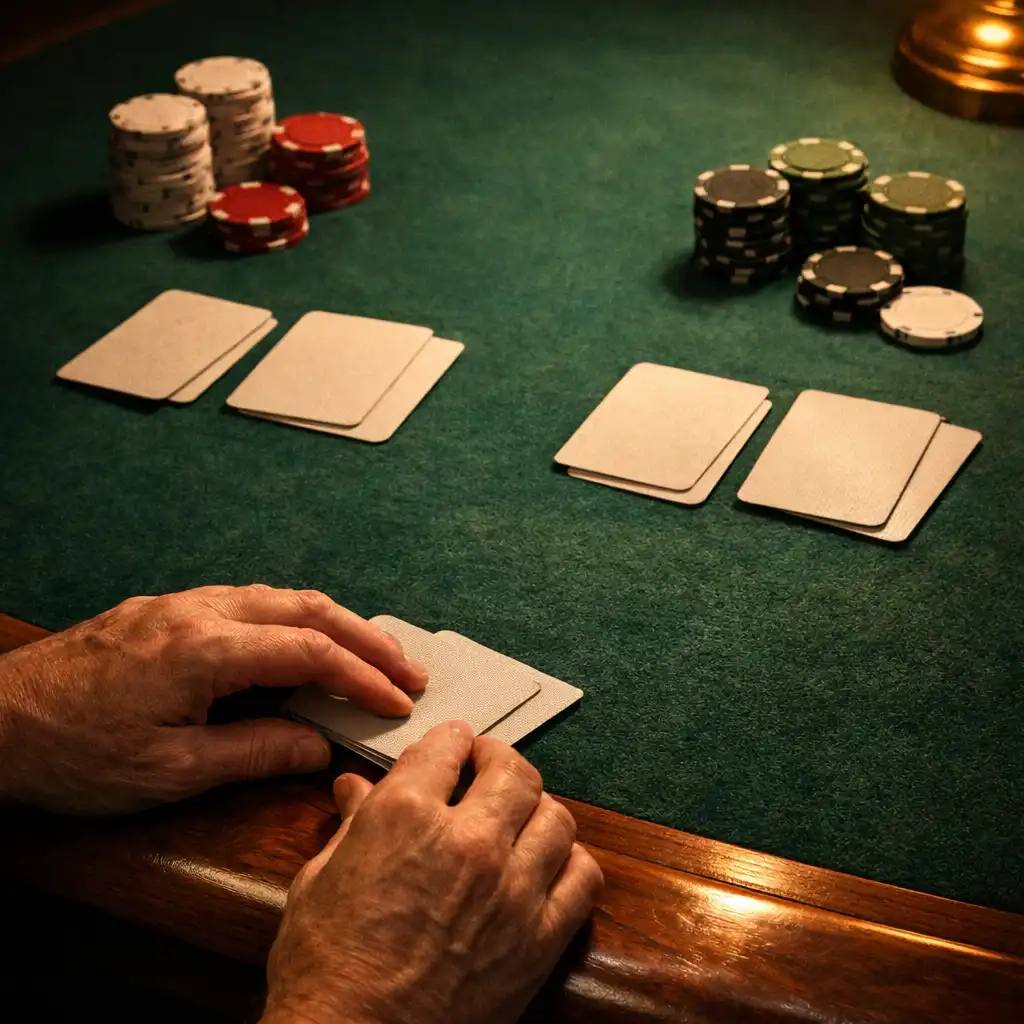 Adult hands arranging unbranded playing cards and plain chips on deep emerald felt under warm lamp light.