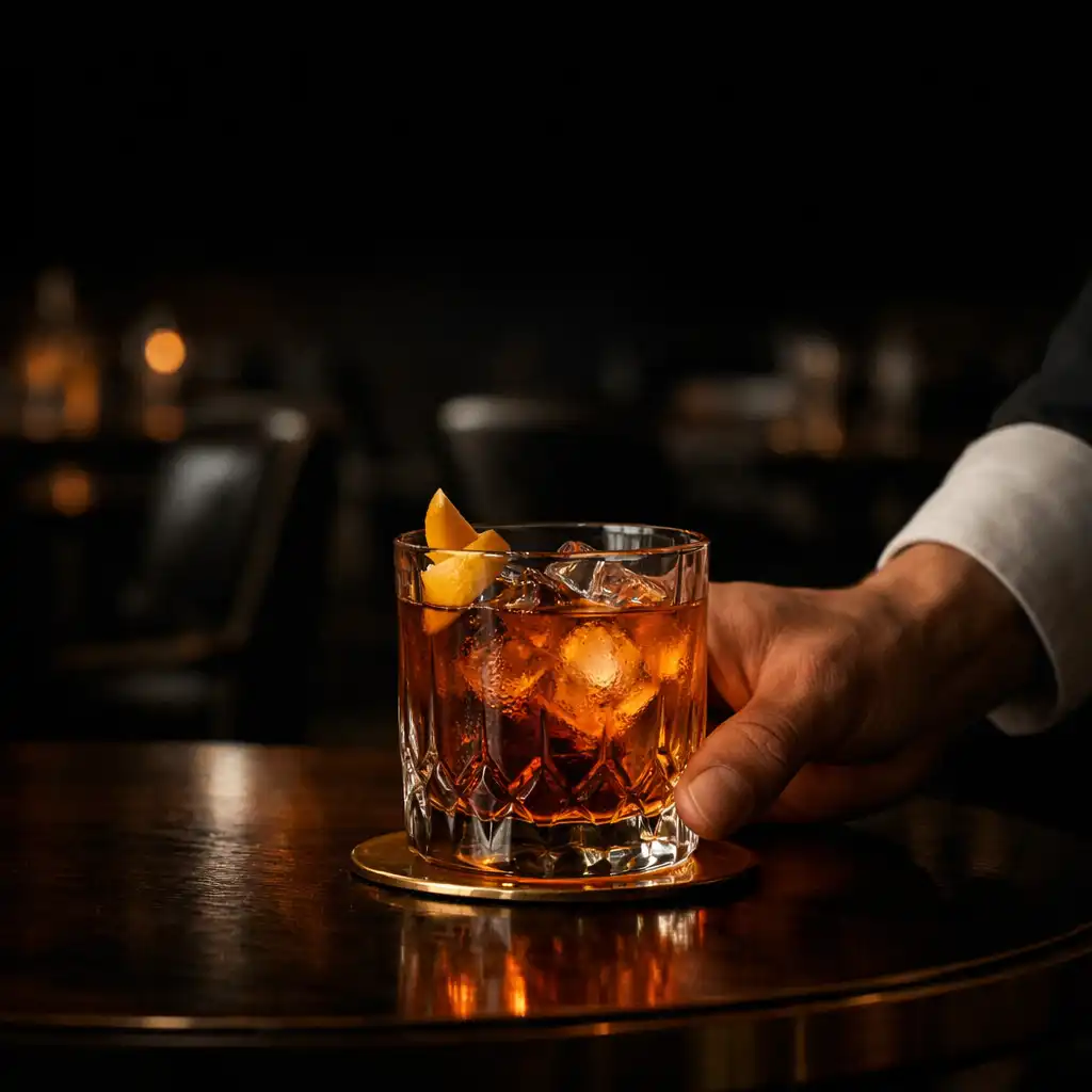 A server's hand placing a crafted drink on a dark timber table in a warmly lit restaurant.