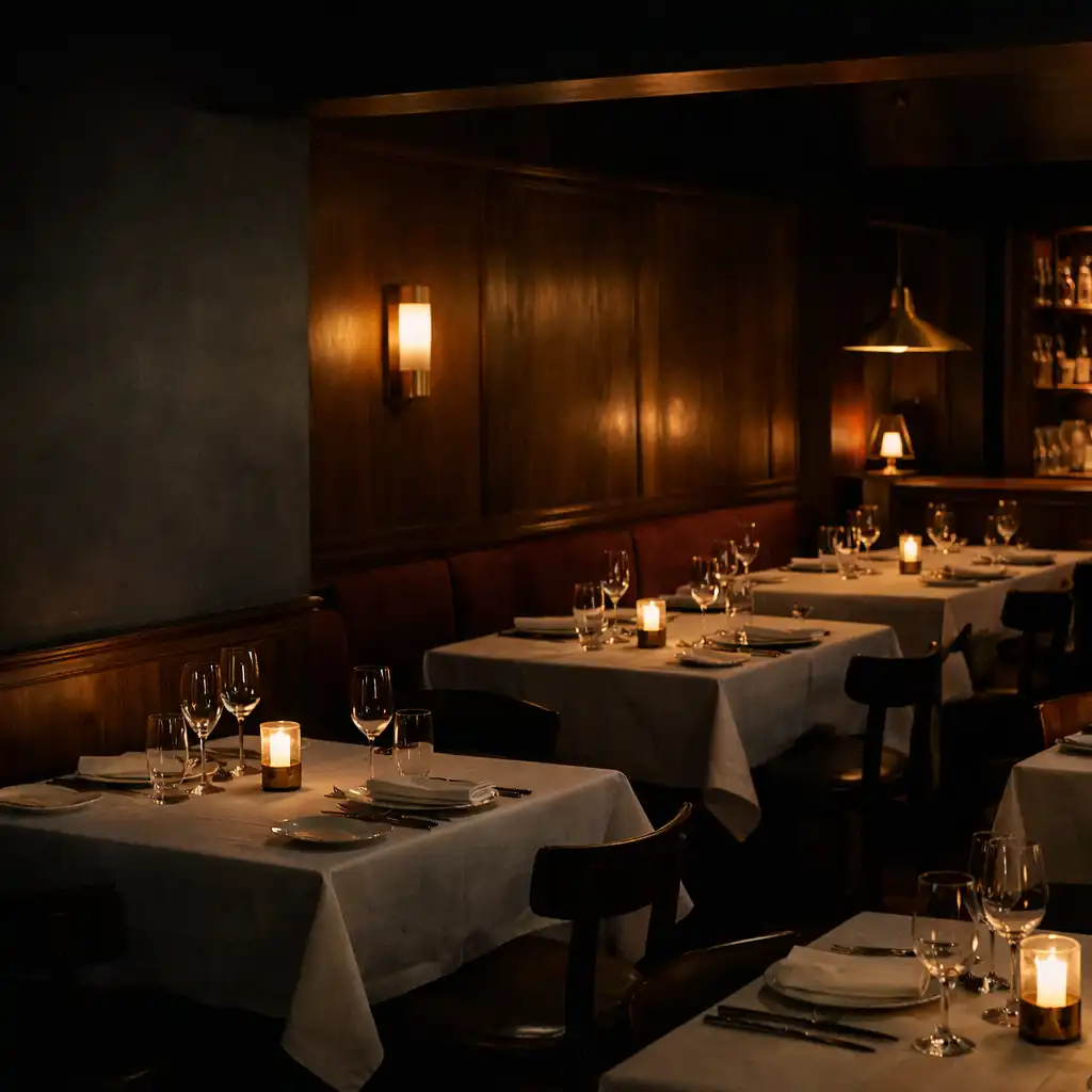 Intimate restaurant dining room with linen-set tables, dark timber, brass fixtures and warm evening light.