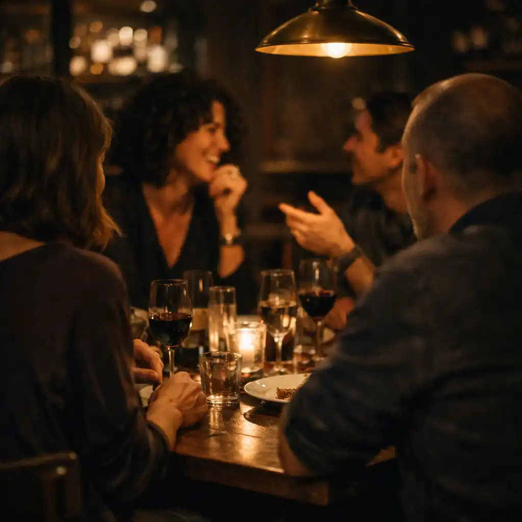 Small adult group seen from behind and side angles in conversation around a warmly set dining table.