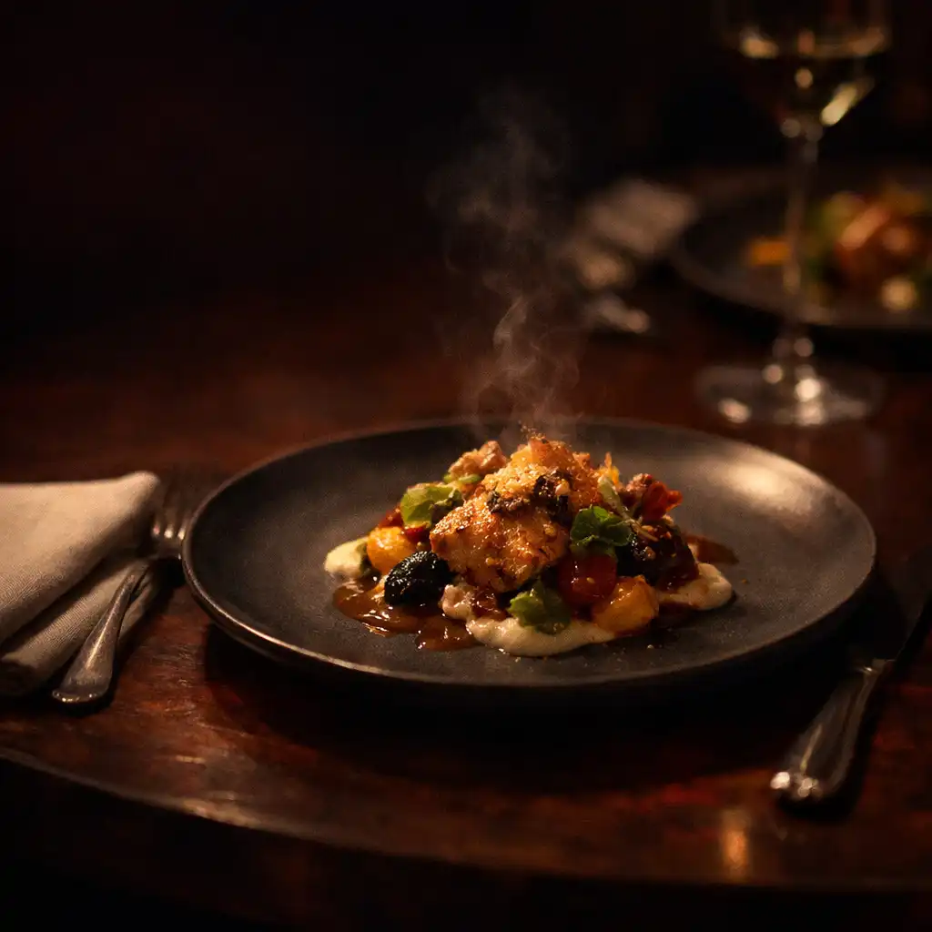 Carefully presented savoury course on a dark ceramic plate beside linen and cutlery in low amber light.