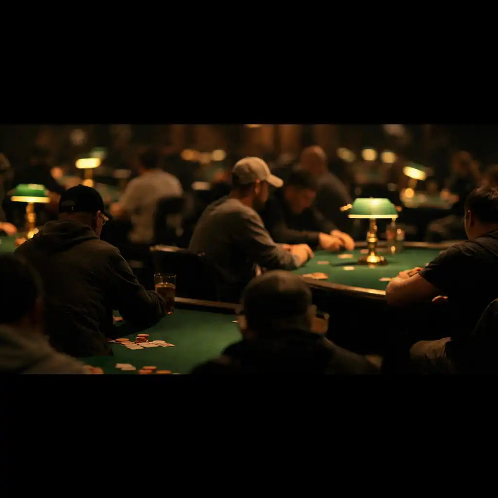 Physical green-felt poker tables in a low-lit card room, with adult players seen from behind and in profile.