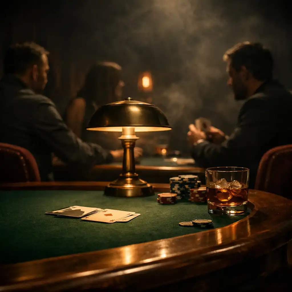 Warm brass lamps and emerald felt in an intimate premium offline poker room