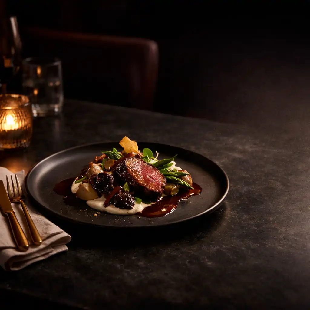Refined plated dinner on a dark stone table with warm side lighting