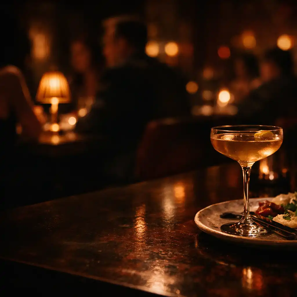 Warm late-night table setting with a cocktail glass and shared plate