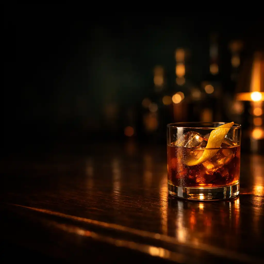Citrus-twisted cocktail in a low rocks glass on a dark timber bar with brass reflections.