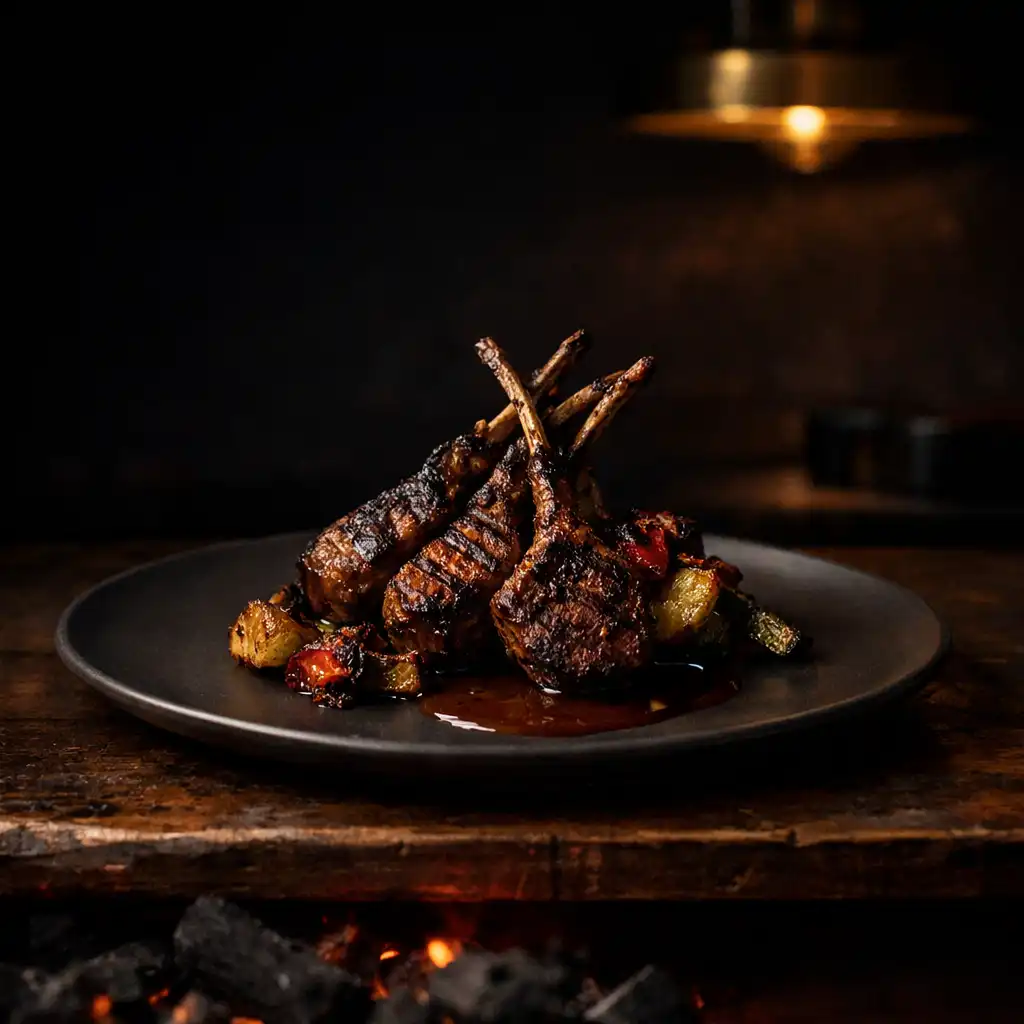 Fire-led plated dish on matte ceramic in a low-lit dining room.