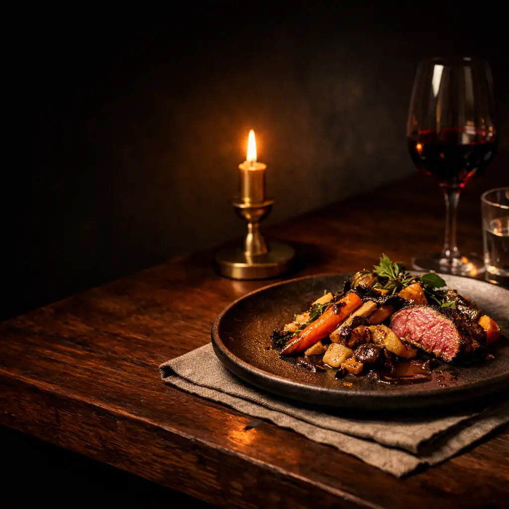 Ember-kissed plated dish on a dark timber table with glassware and a brass candleholder.