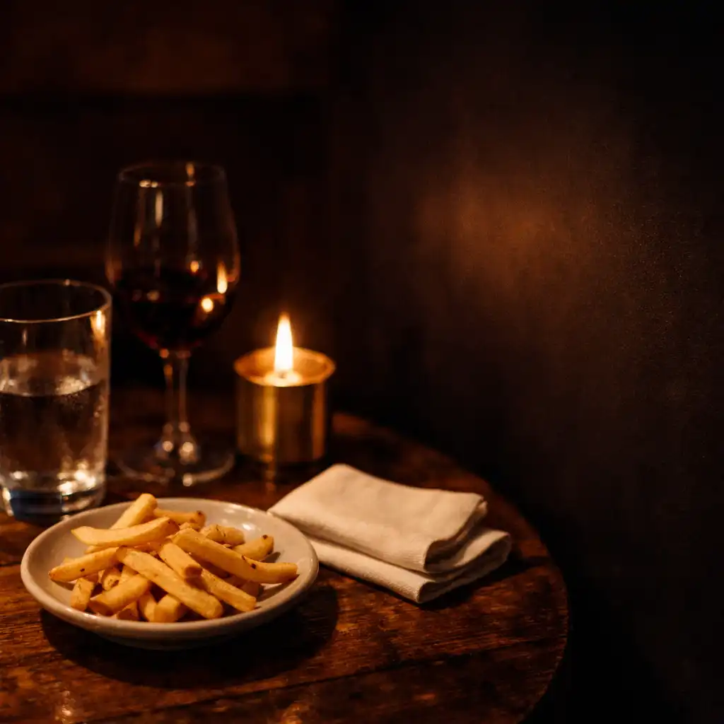 Late-evening table with golden fries, warm glassware and a small brass glow.