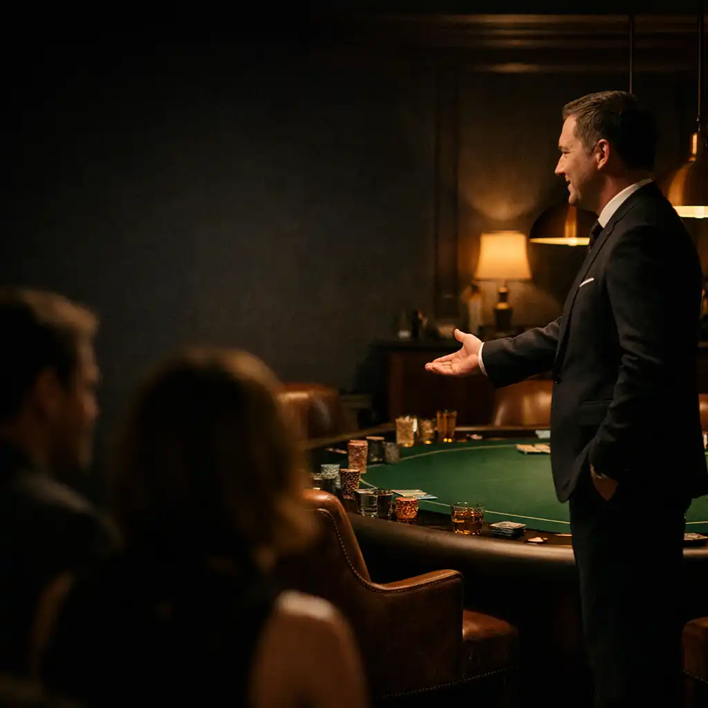 A host gestures toward a warmly lit poker table in a refined card-room setting.