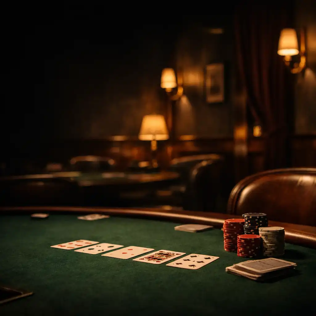 Deep emerald felt poker table and comfortable chairs in Riverand Cinder’s low-lit card room.