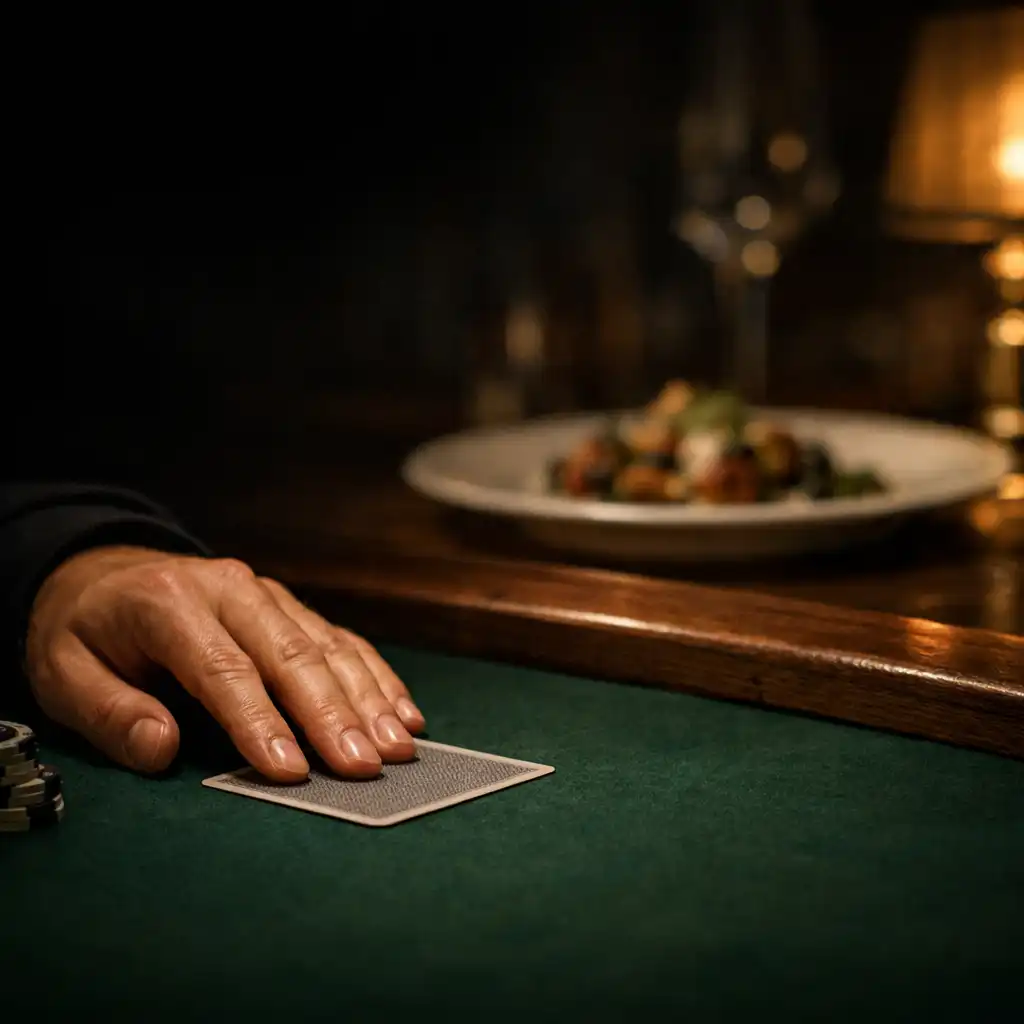 A hand beside a face-down card on emerald felt with a softly lit restaurant dish in the background.