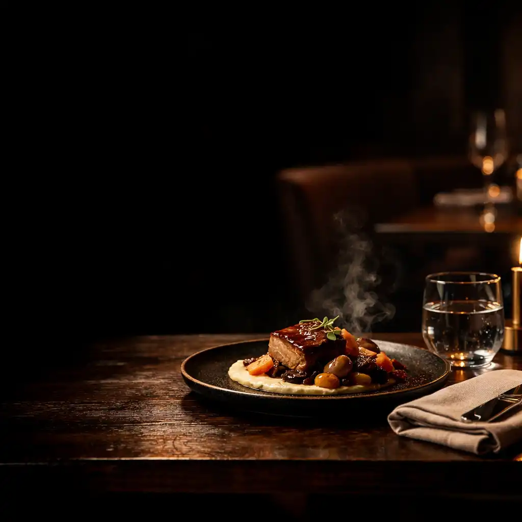 Plated dish and warm table light in Riverand Cinder's restaurant
