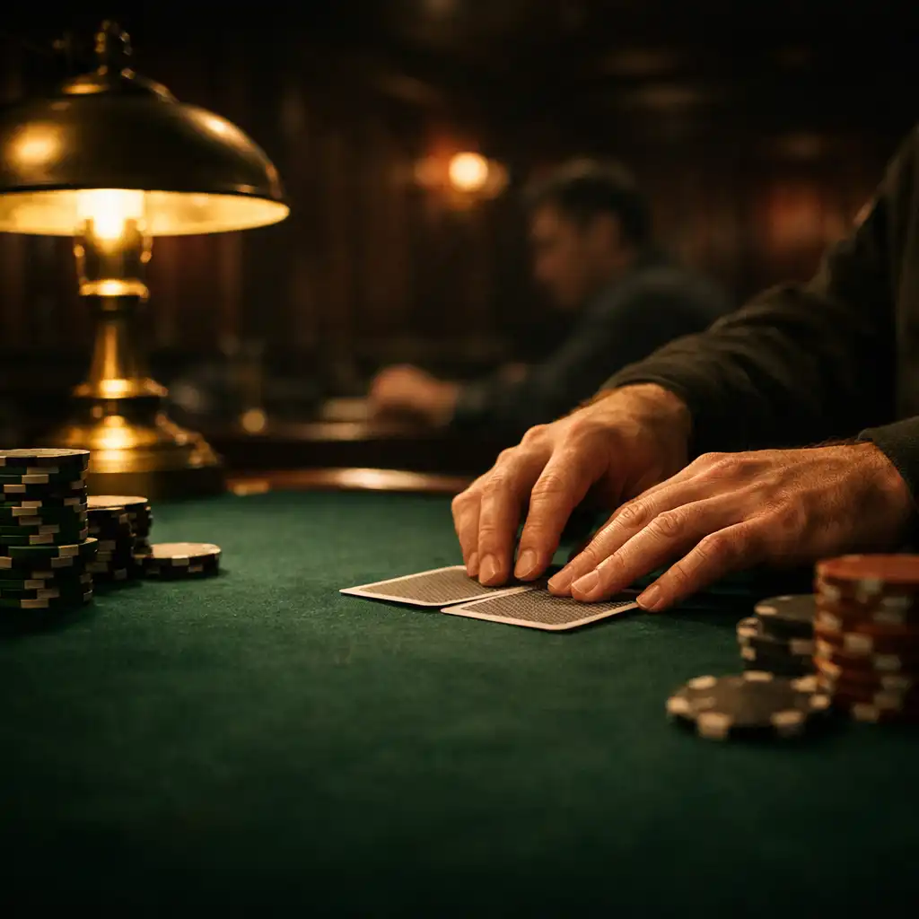 Hands arranging face-down cards on emerald felt under a warm lamp in the card room