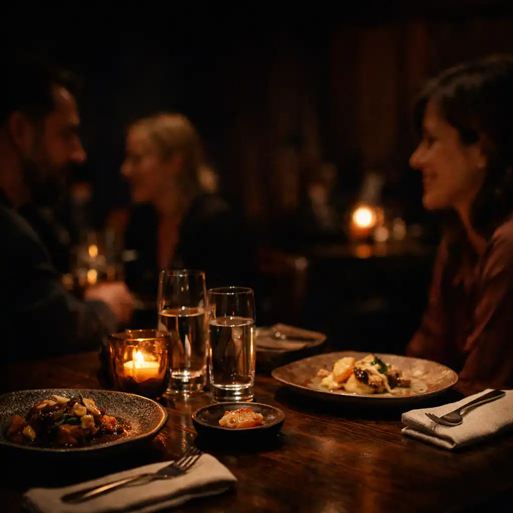 Guests sharing a warmly lit dining table at Riverand Cinder