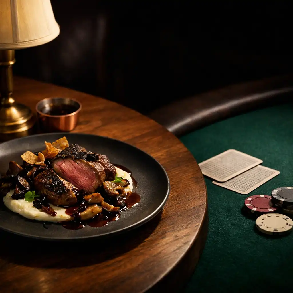 Carefully presented dish on a warm timber table under brass light