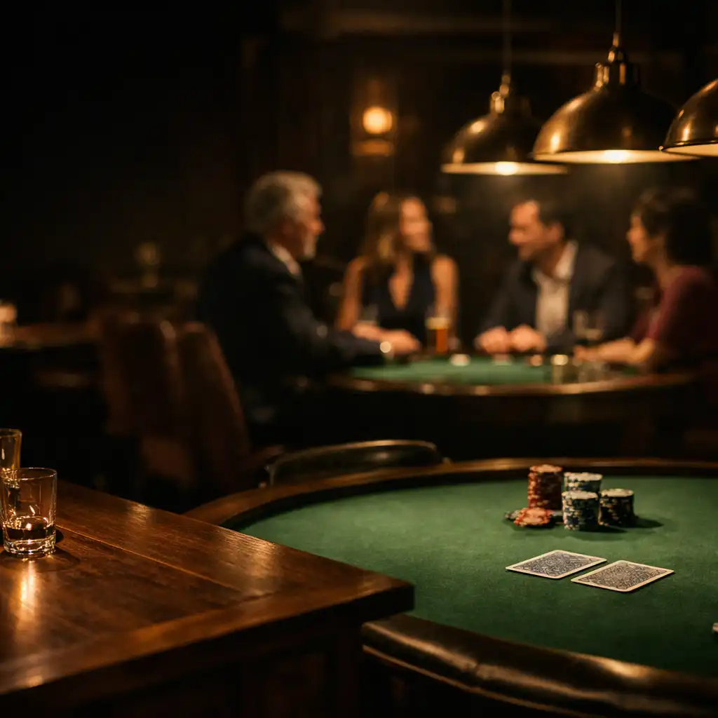 Warm dining table and emerald felt poker table in Riverand Cinder's dark card room