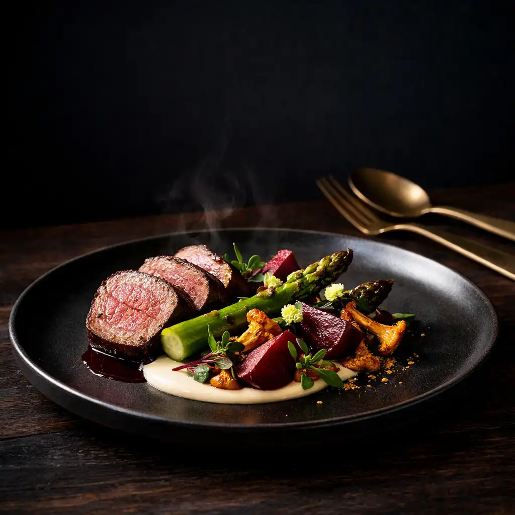 Refined seasonal Australian-inspired dish on a dark ceramic plate