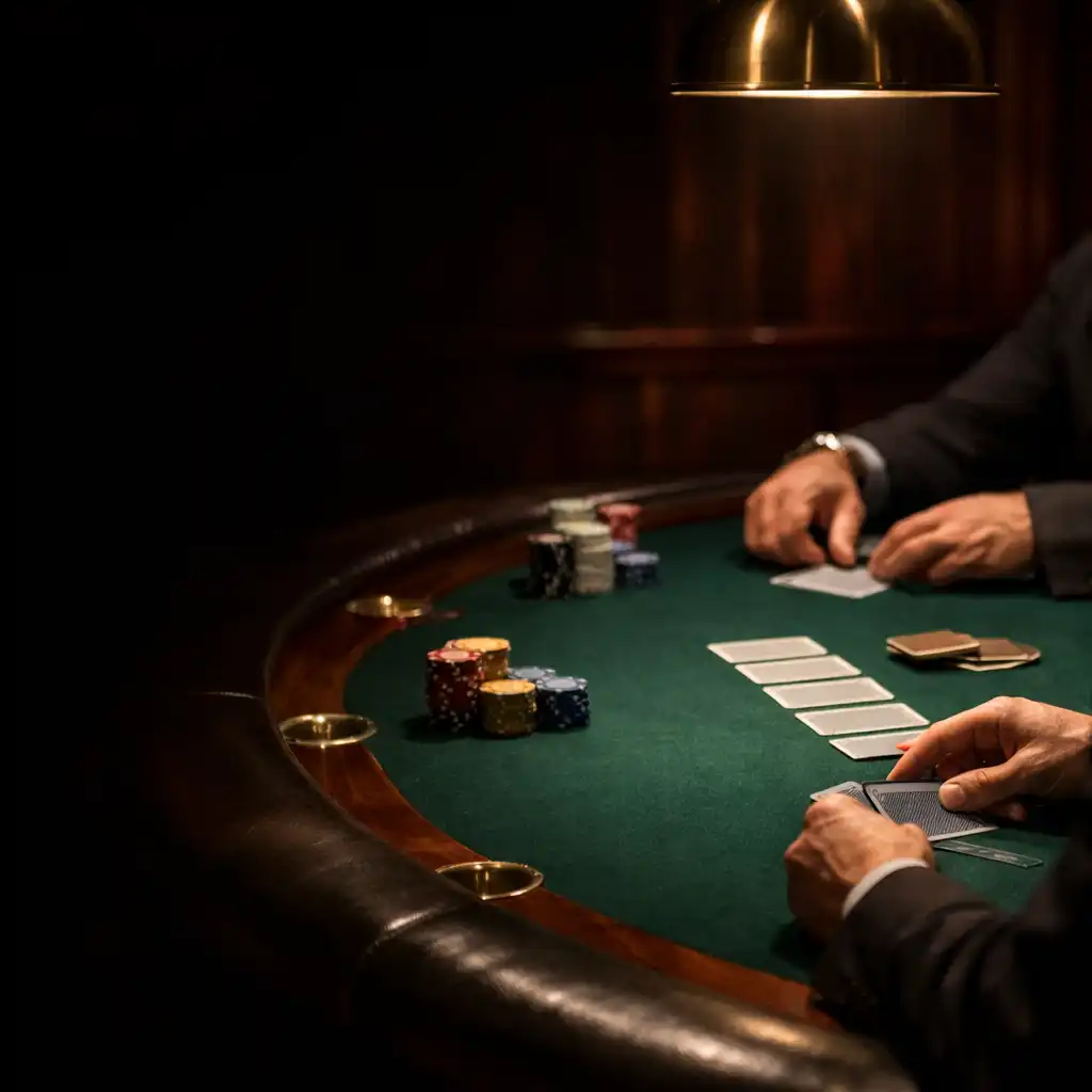 Adult hands arranging cards on an emerald felt table in Riverand Cinder's warmly lit card room