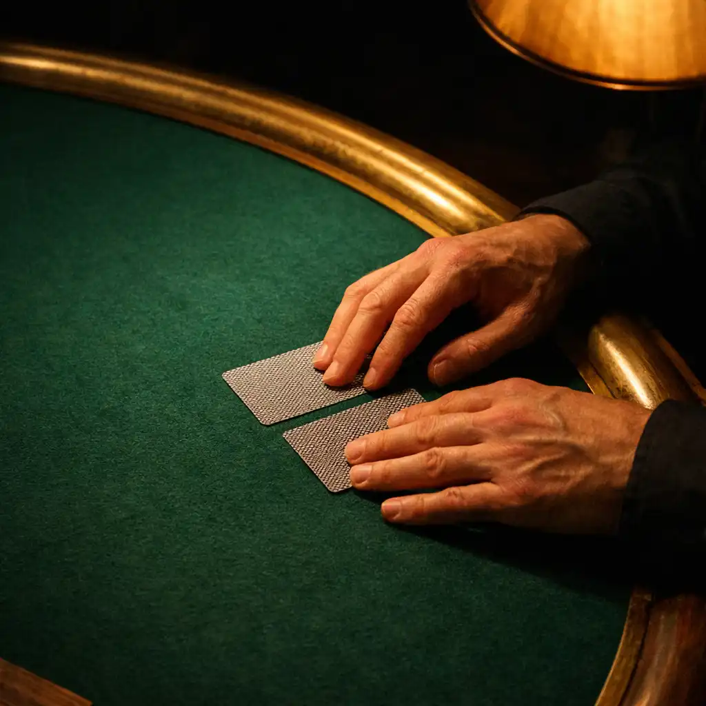 Adult hands arranging face-down playing cards on a deep emerald felt table.