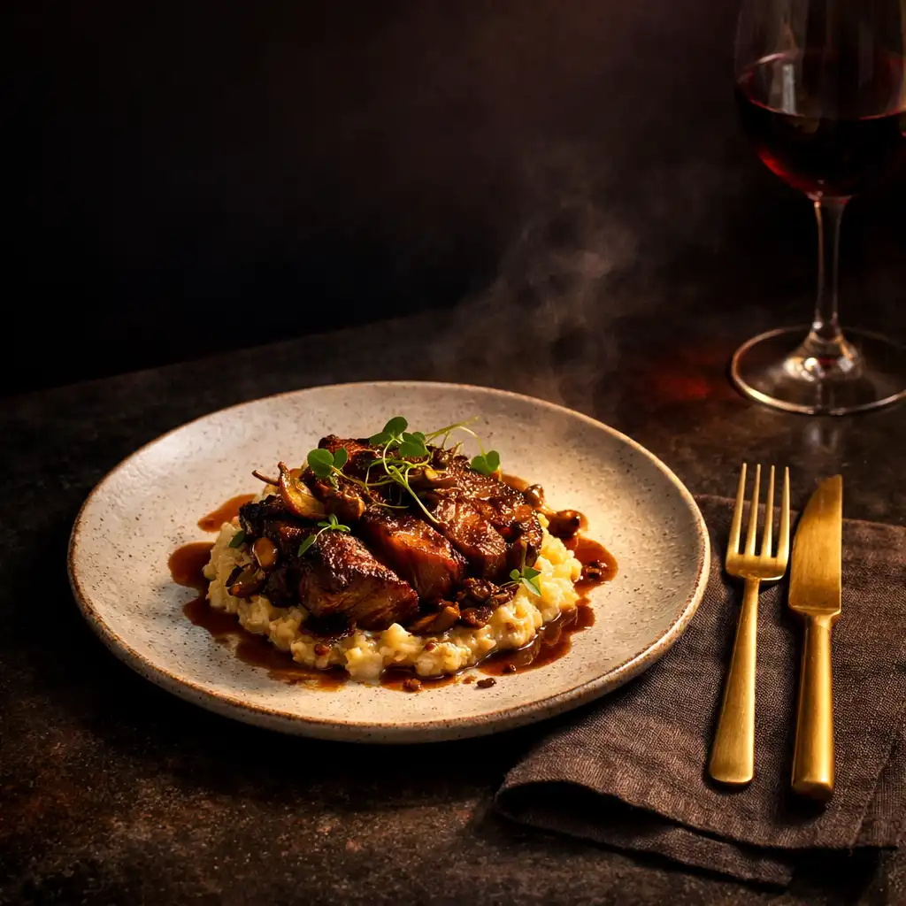 Refined plated dish on a dark restaurant table with brass cutlery.