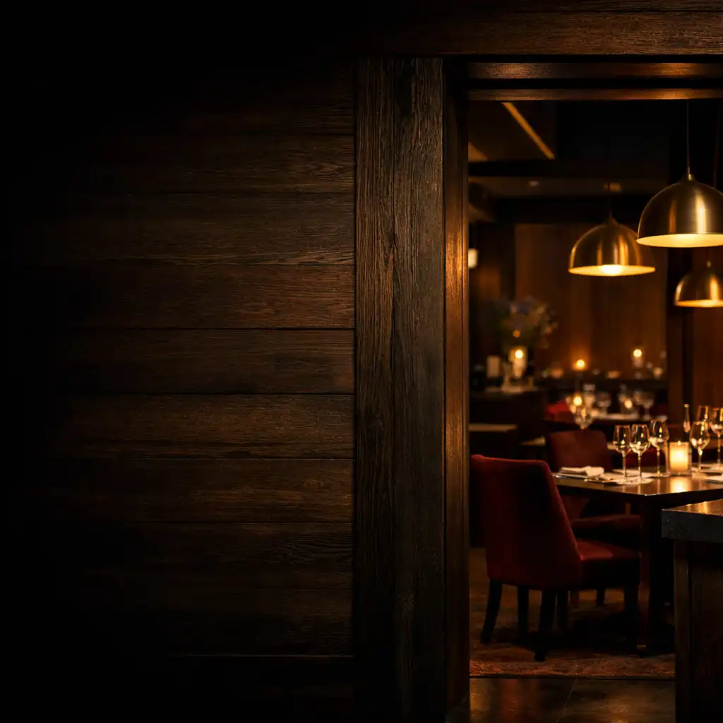 Warmly lit Riverand Cinder dining room viewed through a dark timber interior.